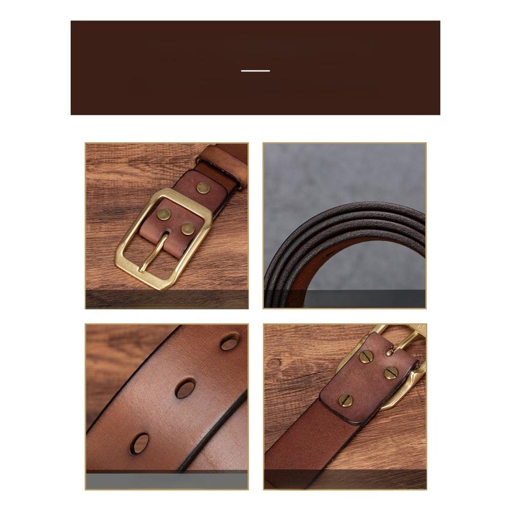 Belt Men's Leather Pin Buckle Pure Cowhide Copper Buckle Vintage Distressed Workwear Belt Soft and Durable Pure Cowhide Trouser Belt