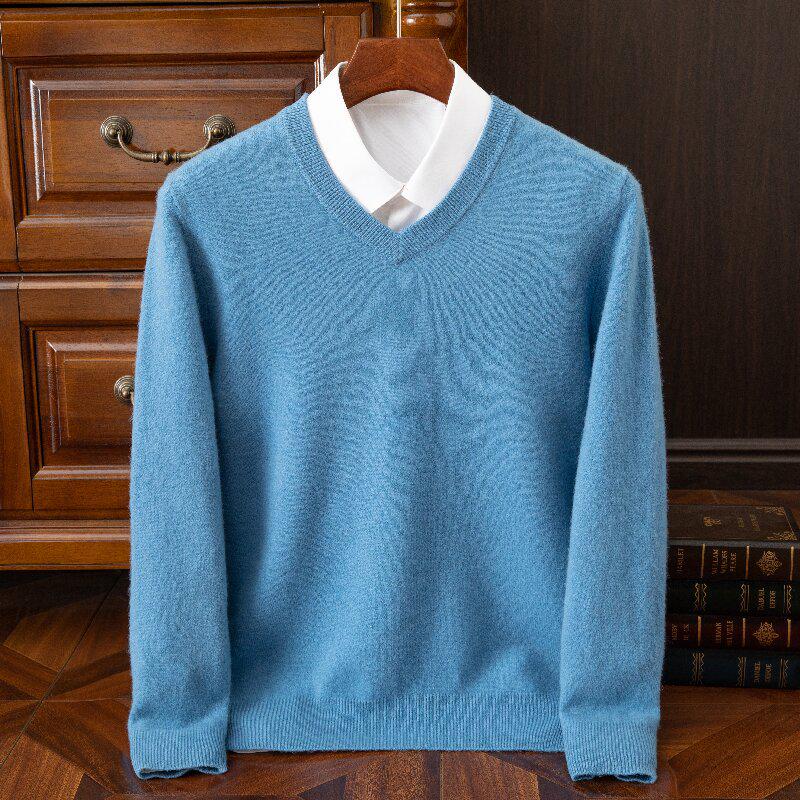 Men's Round Neck Pure Wool Pullover Sweater – Solid Color Knit Base Layer