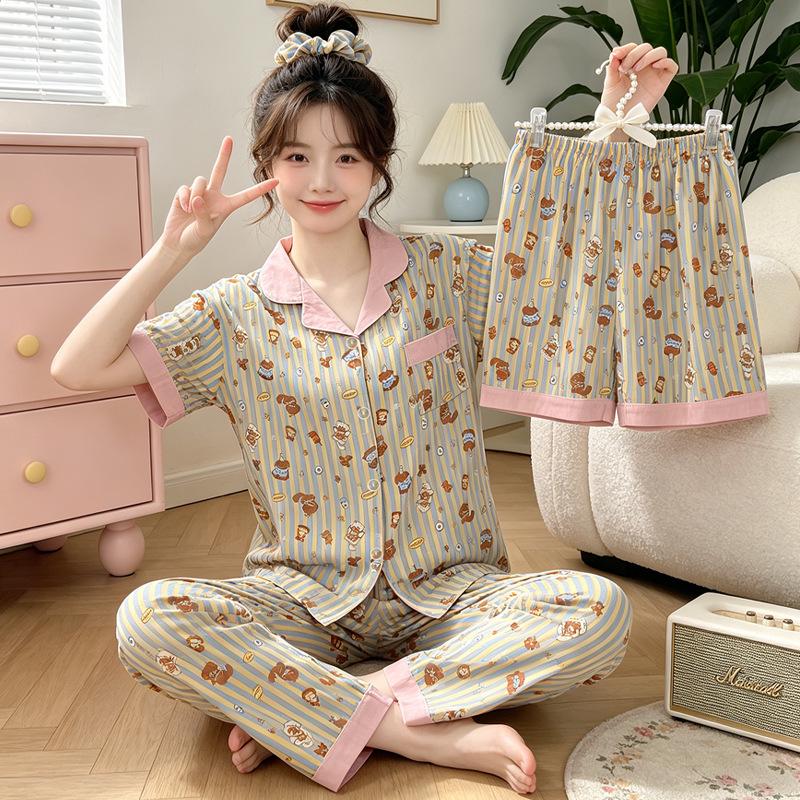 Leopard Print Love Heart Short Sleeve Pajama Set: Women's Summer Cloud Cotton Three-Piece Loungewear
