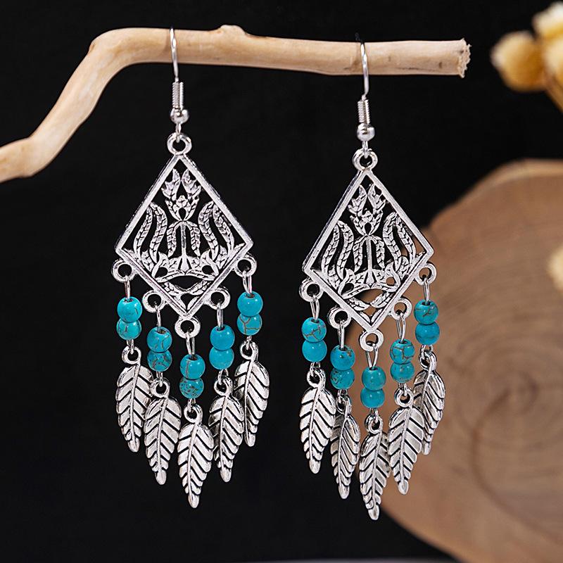 Bohemian Tassel Turquoise Earrings: Retro Ethnic Style Dangle Jewelry