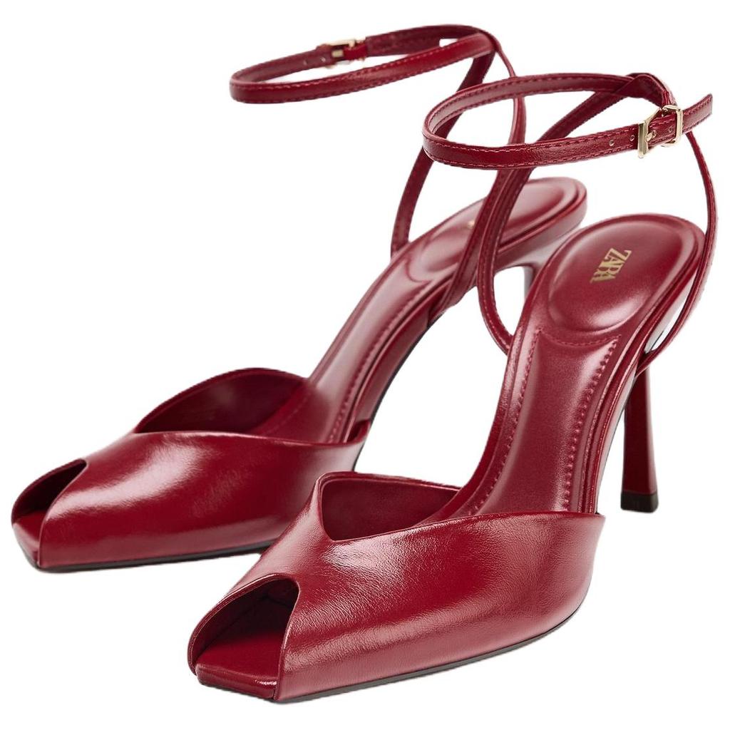 Zara Pu Open Toe Elegant High Heel Ankle Strap Sandals 9.5cm Women Sandals Red 2356610600