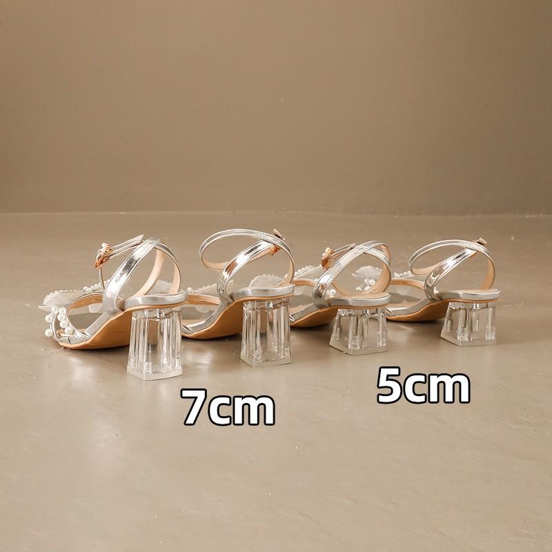 2025Summer Latest Women's Sandals Square Head Fashion Crystal Heel High Heel Thick Heel Bow Ankle Buckle Strap Female Shoes