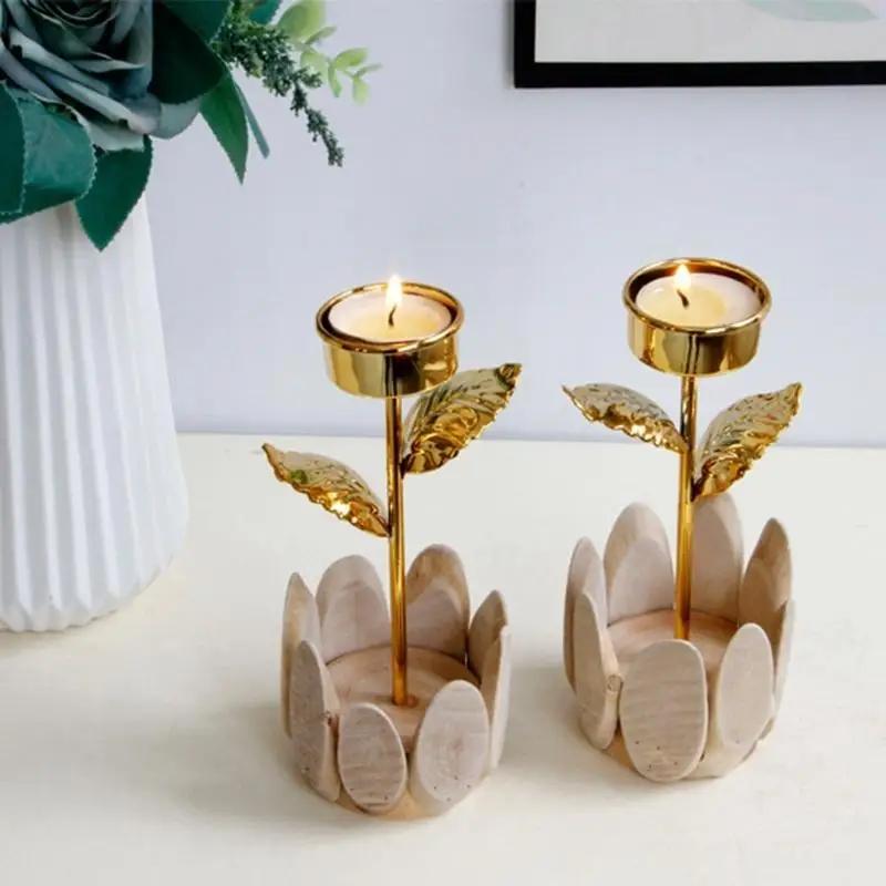 Metal Candle Holder Stand Candlestick Christmas Golden Rose Floral Wooden Base Wedding Table Decoration Home Desk Decor