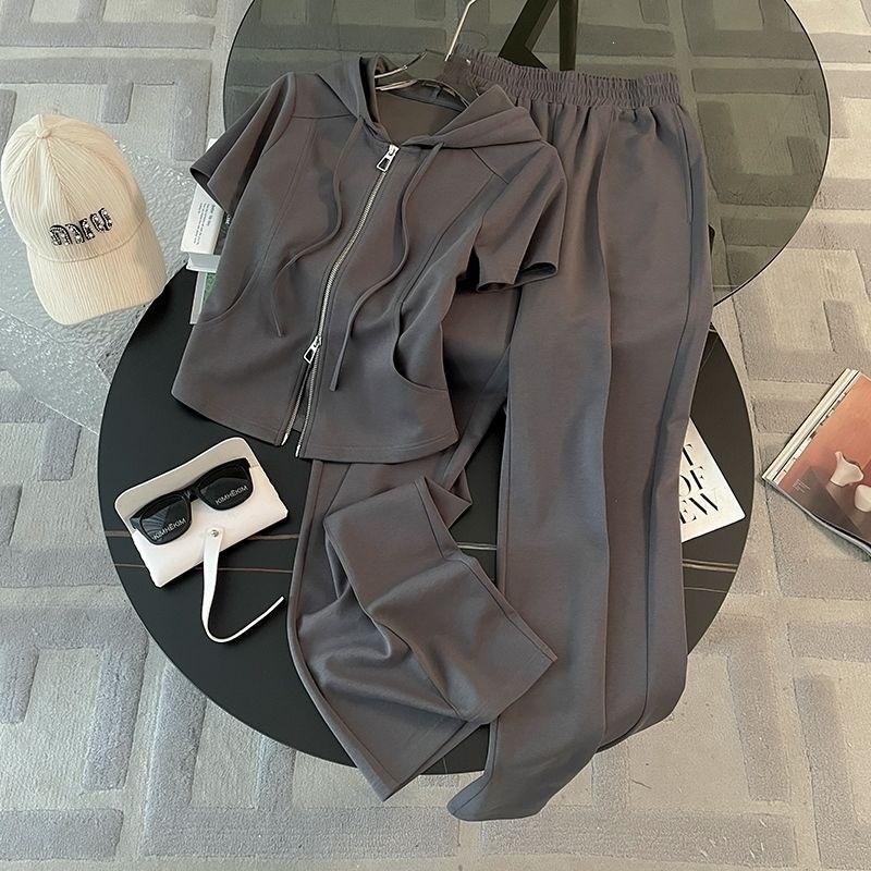Damski 2-częściowy Casualowy Zestaw Sportowy Bluza z Kapturem na Zamek Elastyczne Spodnie Szerokie Nogawki Jednolity Kolor Casualowy Zestaw Sportowy