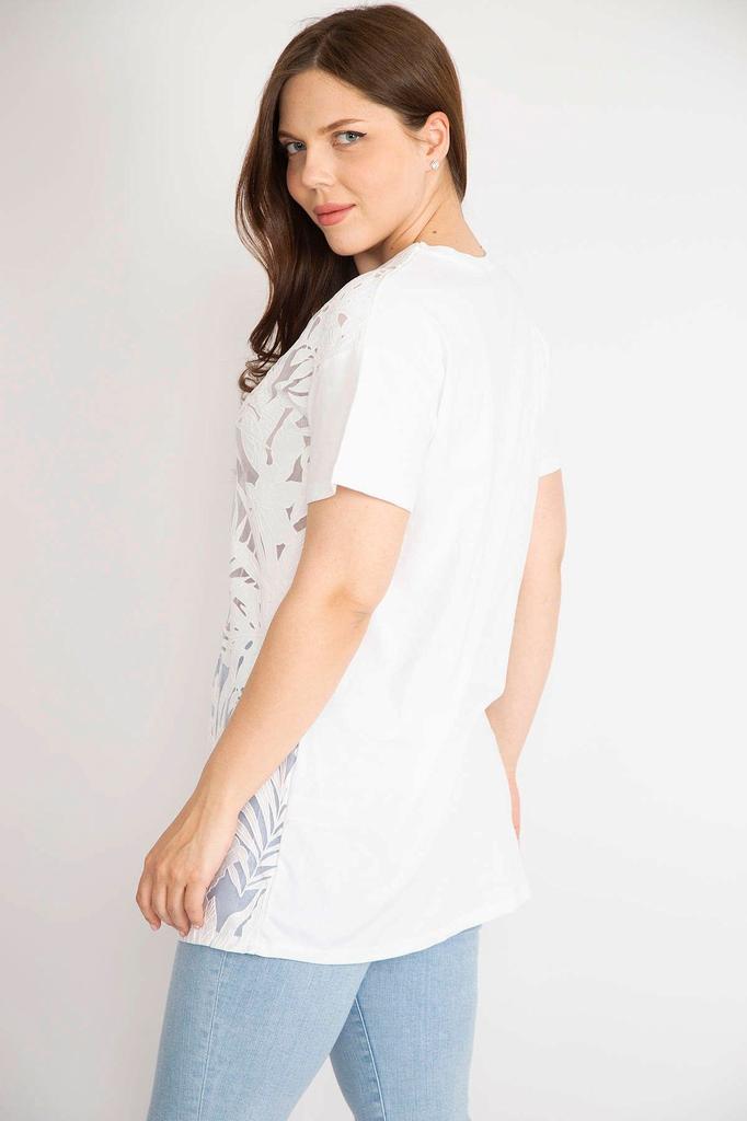 Damen Übergröße Bluse Weiß Plus Size Frontbeflockt Rundhalsausschnitt Kurzarmbluse