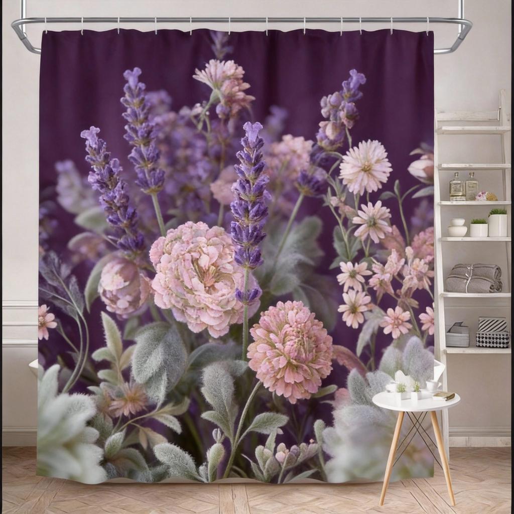 Vintage Floral Shower Curtain 180x180cm – Cream & Gold Peonies with Daisies on Black Background, Elegant Bathroom Decor 12 Hooks