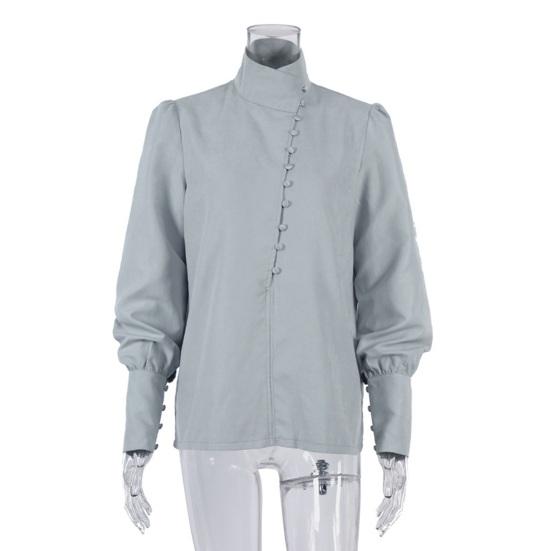 

Women Shirt Long Sleeve Stand-Up Collar Regular Fit Casual Shirt Buttons Half Placket Pure Color Office Lady Tops S зелений/сірий