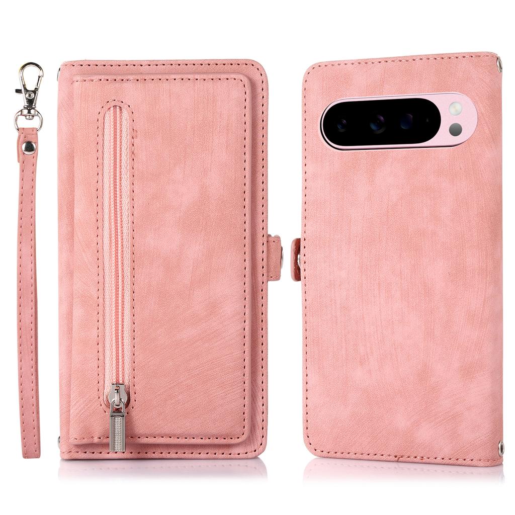 For Google Pixel 10 Pro XL/9 Pro XL Case Zipper Pocket 9 Card Slots PU Leather Phone Cover with Wrist Strap