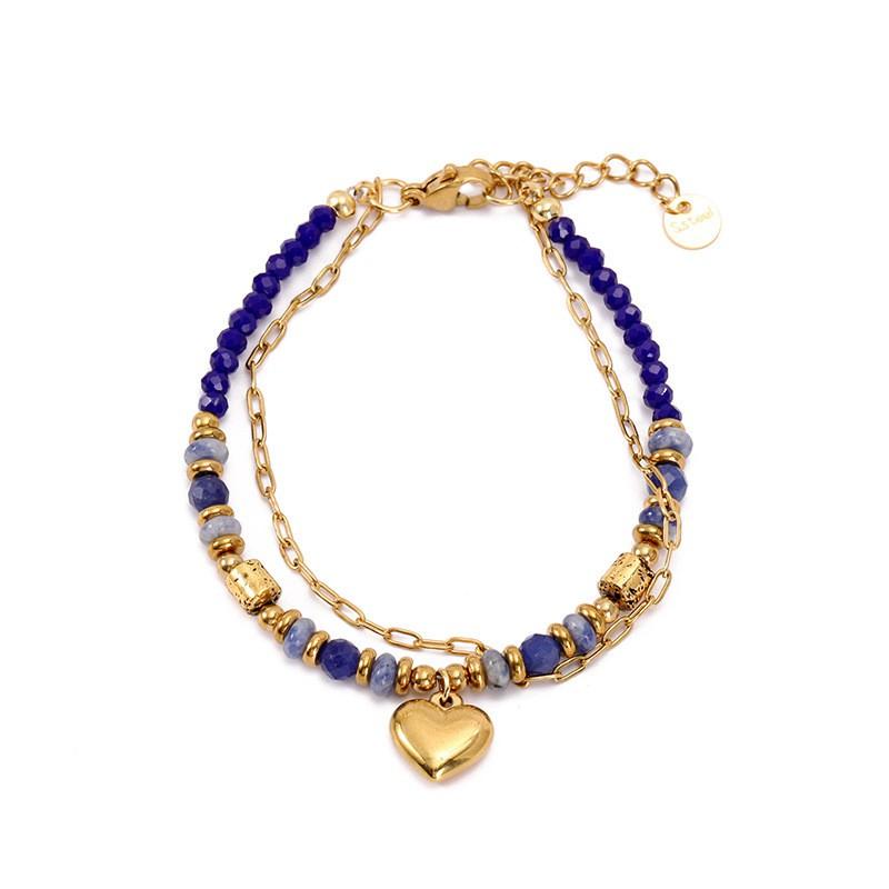 Boho Style Stainless Steel Double Layer Bracelet With Natural Stone Beads Heart Charm Women