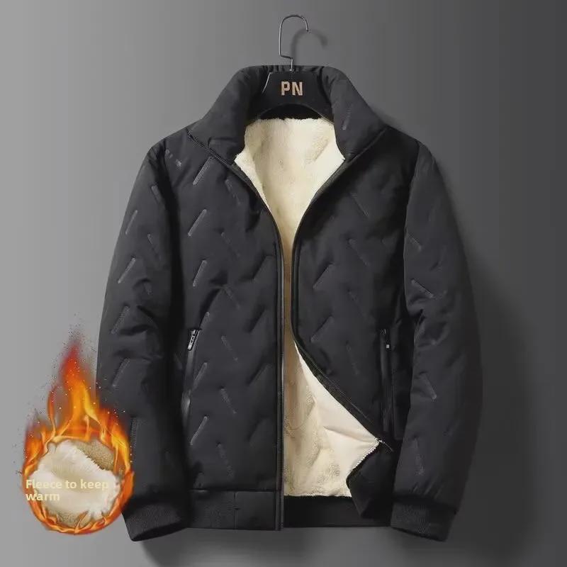 Men's Thickened Lambskin Winter Coat - Windproof, Warm, Loose-Fit, Stand Collar Cotton Jacket