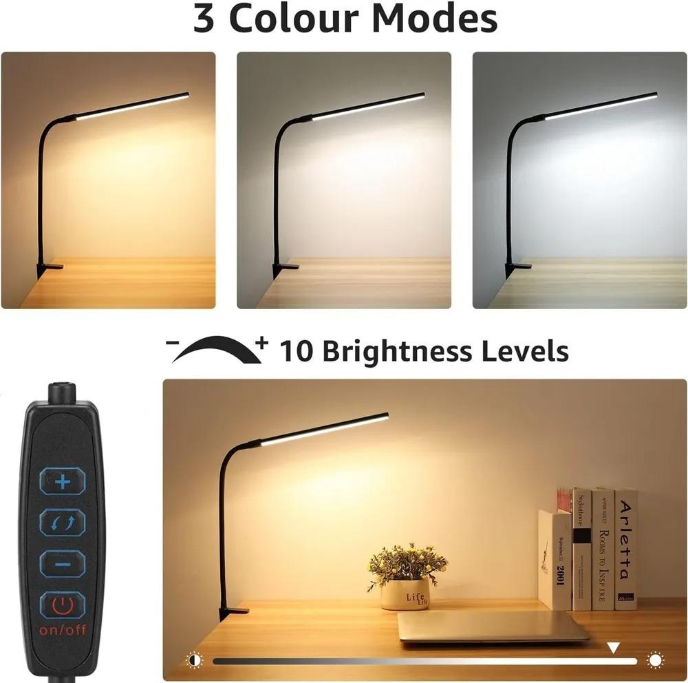 LED Desk Lamp with Clamp Eye Caring Clip Light for Home Office 3 Colors Stepless Dimming Flexible Gooseneck Table Lamp for Read