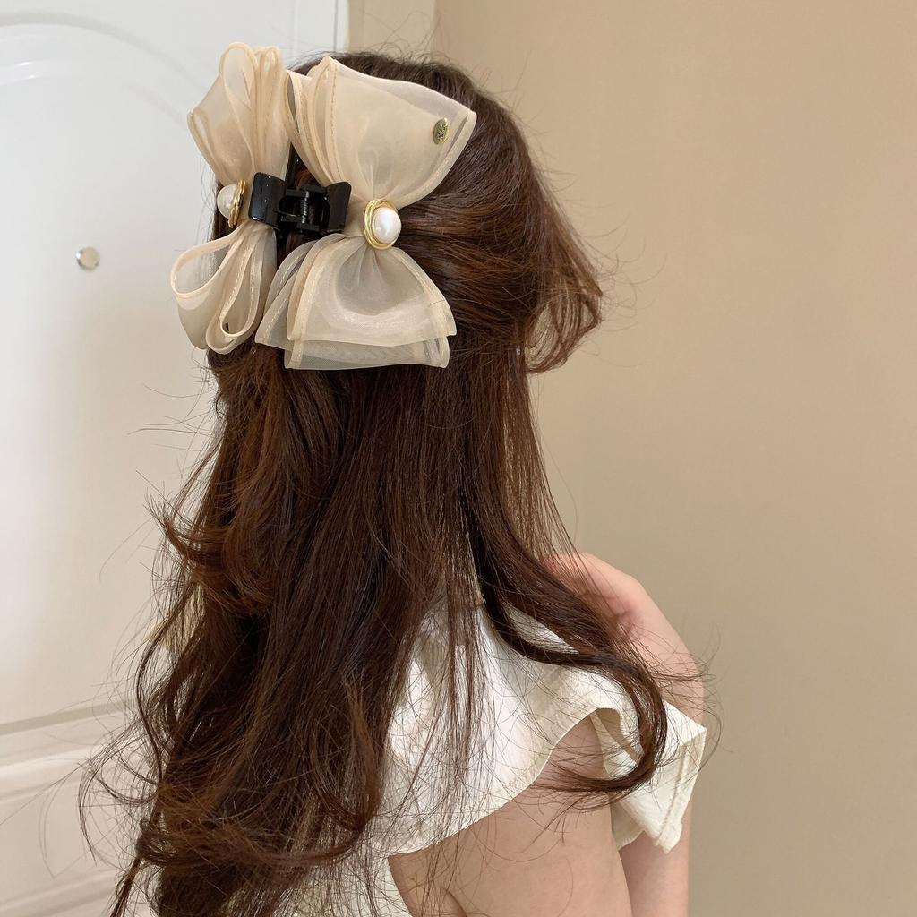 Korean Version of Pearl Mesh Bow Hairpin Simple Light Luxury Large Grab Clip Small Fragrance Versatile Shark Clip Hair Accessories