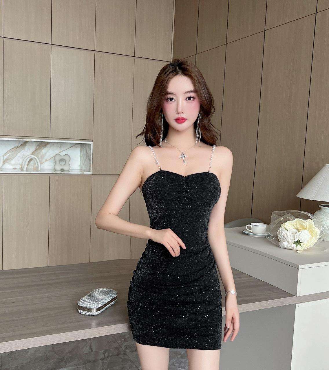 Sexy mesh chain decorative hip sling dress night summer new club technician work clothes S чёрный