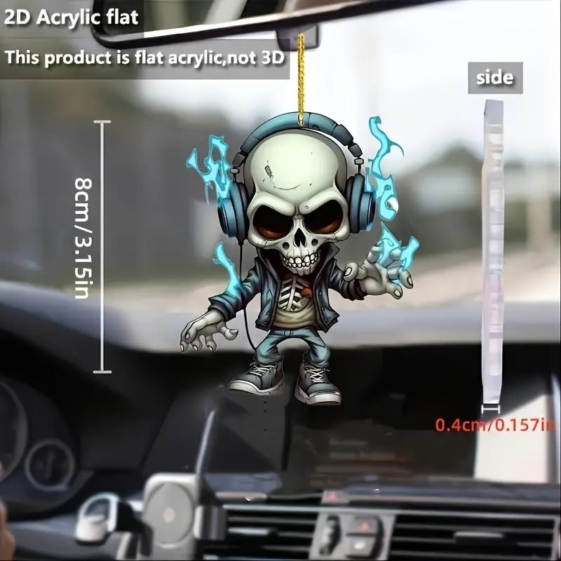 Einzigartiges Totenkopf-Autoornament aus Acryl – flaches 2D-Cartoon-Design, perfekt als Innendekoration fürs Auto, 3,15 x 2,165 Zoll