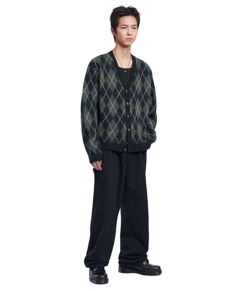 Nomanual Argyle Hairy Cardigan - Khaki