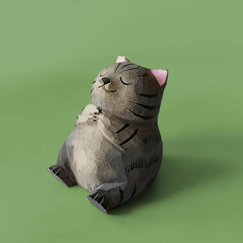 

Wooden Cats Figurines Sculpture Statue Lovely Fishing Cat Statue Handmade Wood Carving Kawaii Decor Birthday Gift for Friend