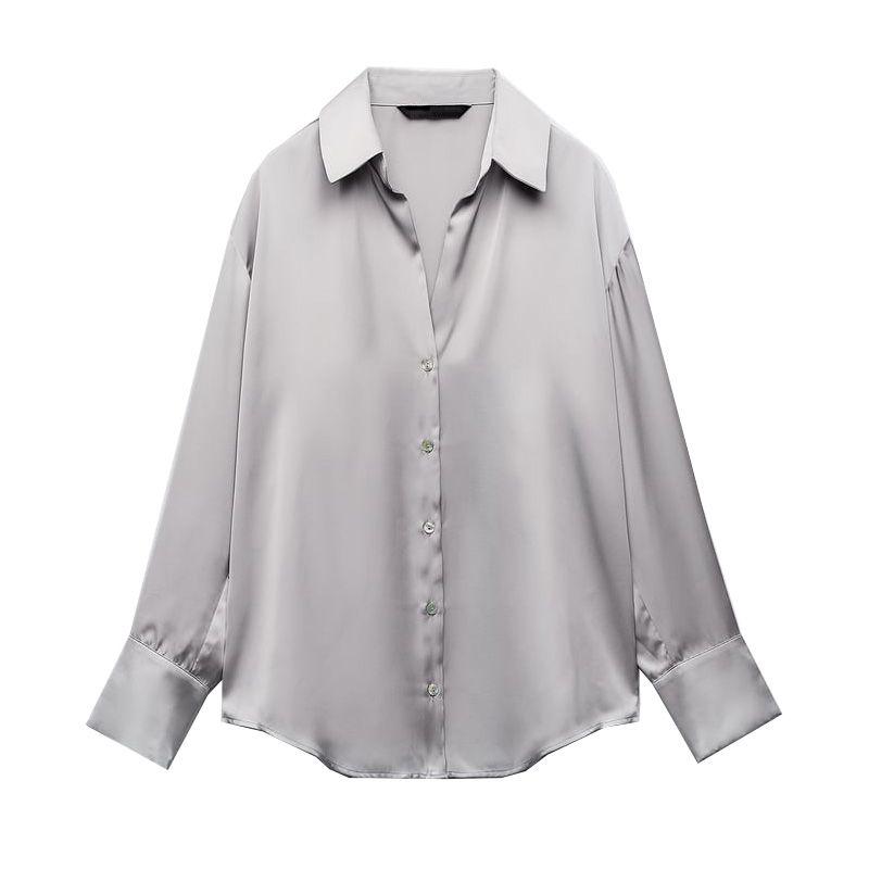 

Loose Long Sleeves Single-Breasted Silk Satin Texture Drape Shirt Silver L
