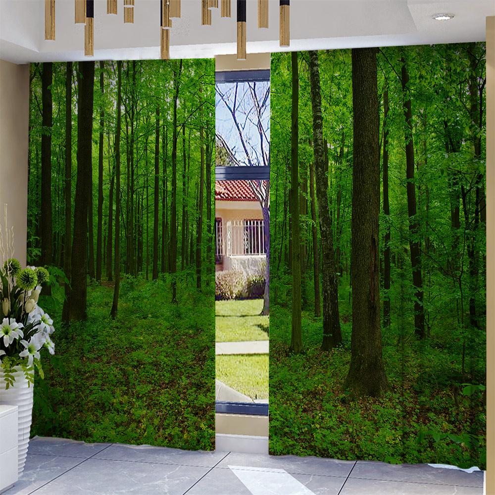 2PC Home Green Forest Curtains With Landscape Background And Pole Pocket Curtains, Kitchen, Coffee Shop, Living Room