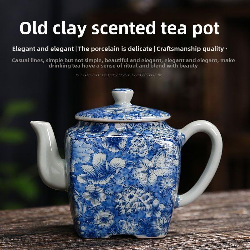 Old clay blue and white teapot ceramic kung fu tea set large Chinese single pot simple household antique manual tea infuser