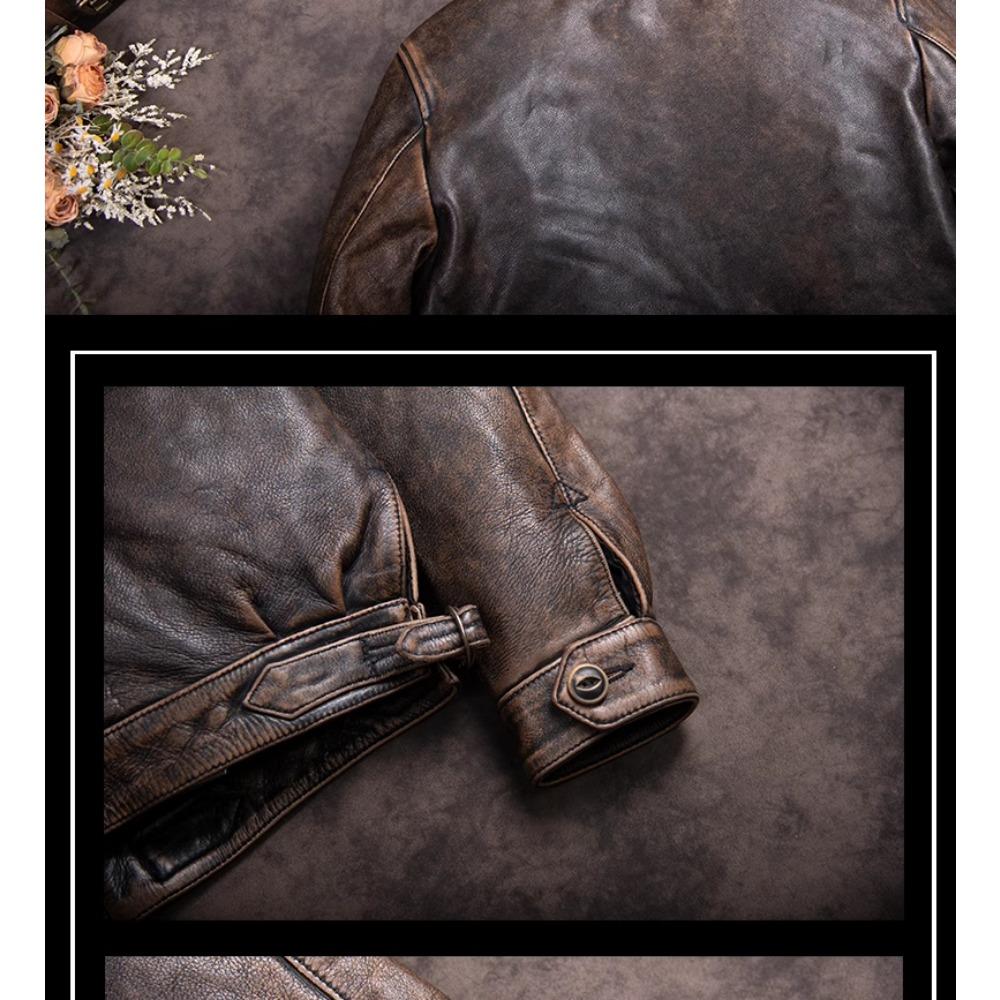 Chinese Size Vintage Men Genuine Leather Jacket Tea Core Cowhide Thickness 1.4mm Tanned Oil Waxed Real Leather Jacket Heavy Thick