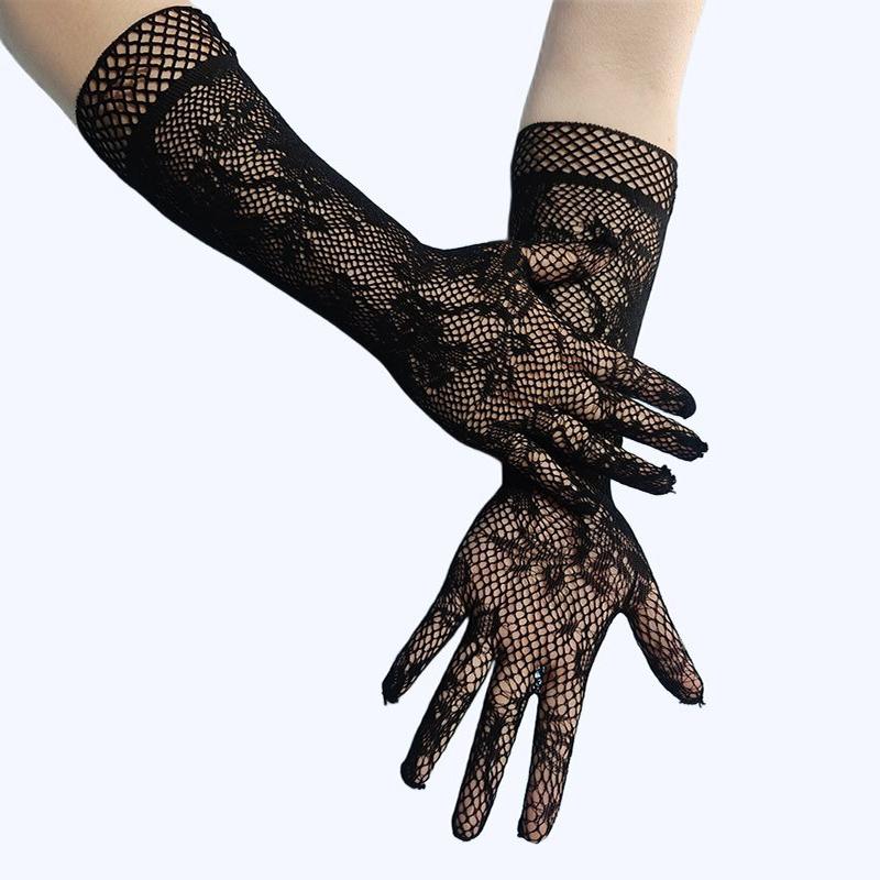 Women Sexy Lace Floral Mesh Gloves High Elasticity Fishing Net Hollow Disco Dance Costume Punk Goth Cosplay Accessories