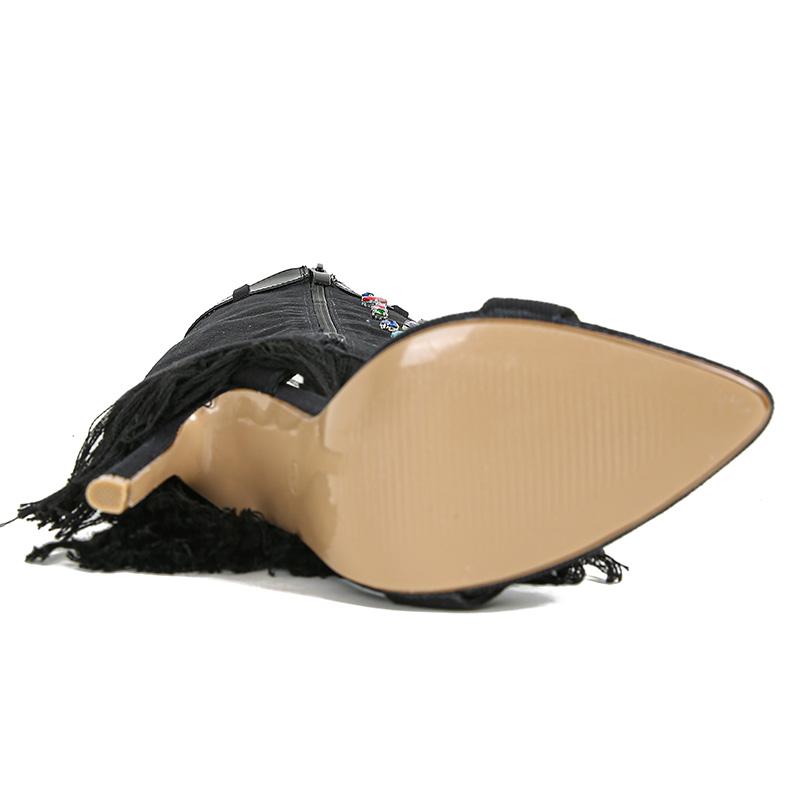 Eilyken Runway Blue Denim Crystal Thin Heels Knee High Boots Stilettos Nightclub Peep Toe Women Shoes Botas Mujer