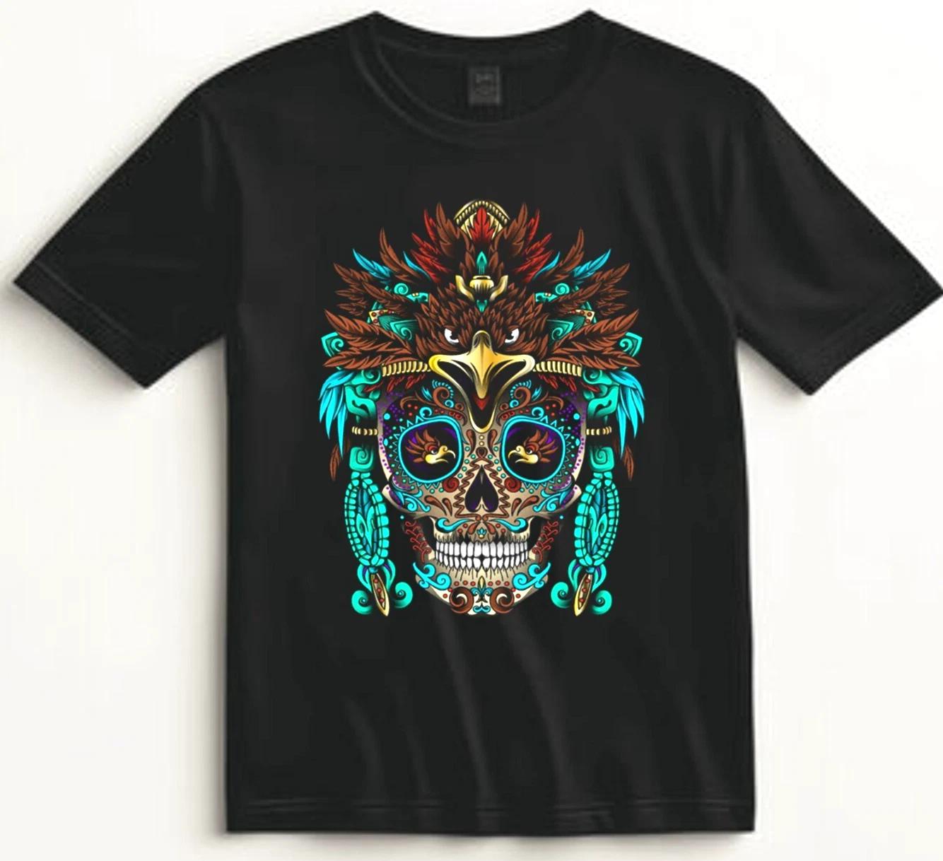 Aztec Skull Warrior Shirt Day of the Dead Graphic Tee Gift for Art Culture Fans S