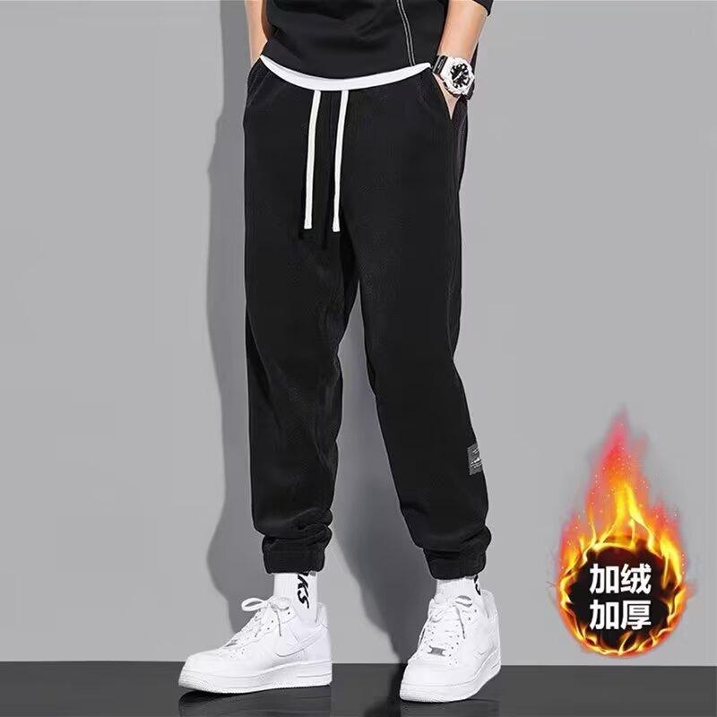 Fleece tied feet casual pants men's autumn and winter thickened men's casual sports pants Korean version loose nine-point pants