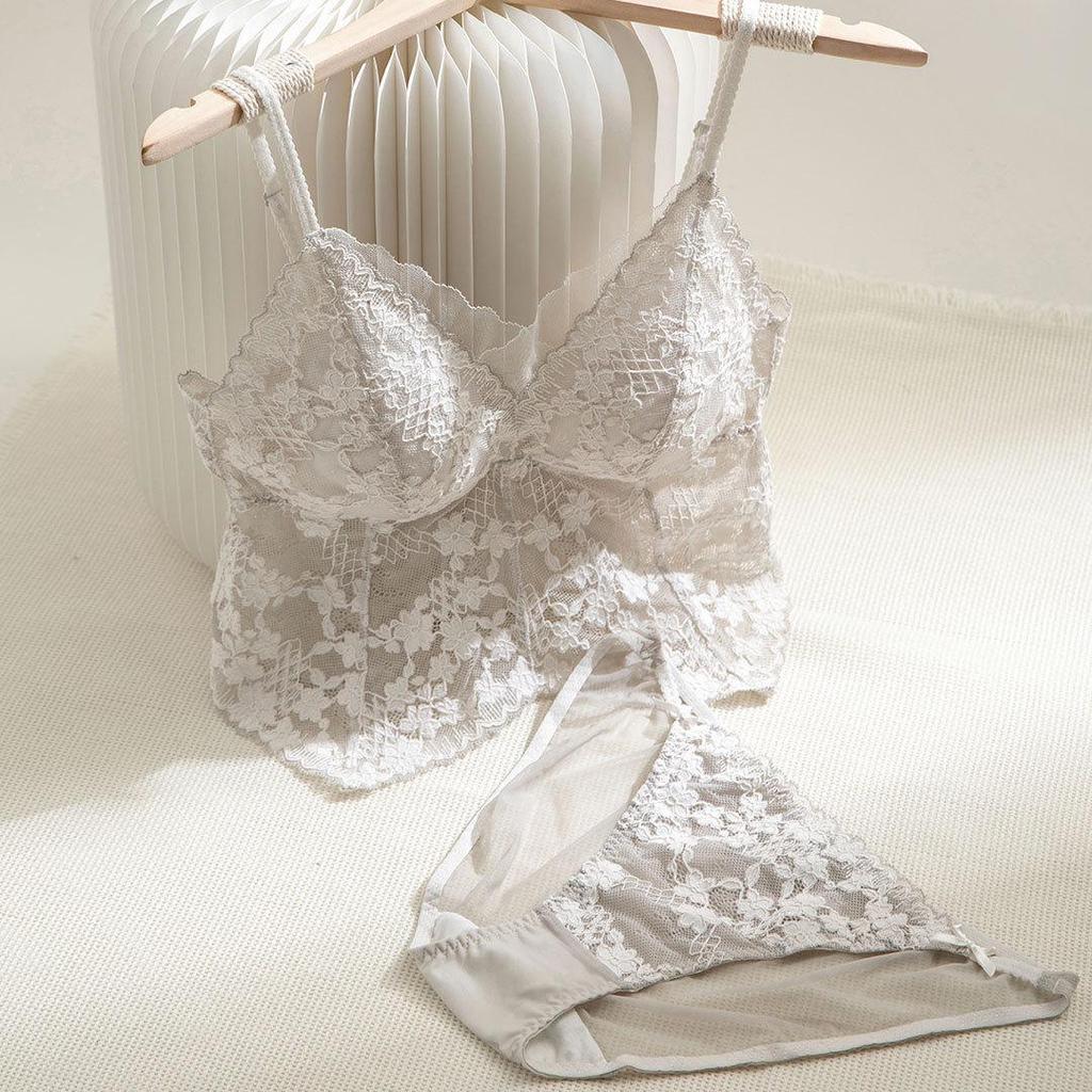 French Pure Desire Floral Lace Spaghetti Strap Triangle Cup Lingerie Set - Invisible Back Buckle Bra & Beautiful Back Design