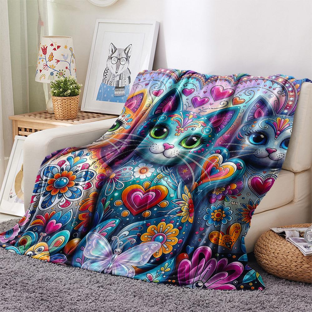 1PC Cat Styles Print FlAannel Blanket, High quality Comfortable for All Seasons, Home Decor, Warmth and Comfort