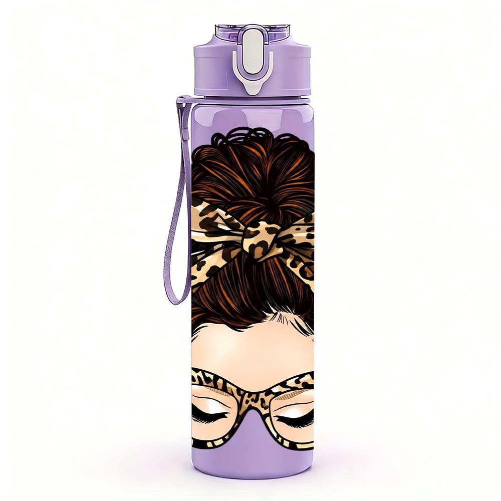1PC Leopard Print Messy Bun Lady 750ml Color Plastic Sports Water Bottle Leakproof Flip Straw Lid Suitable for Sports Office Home Use