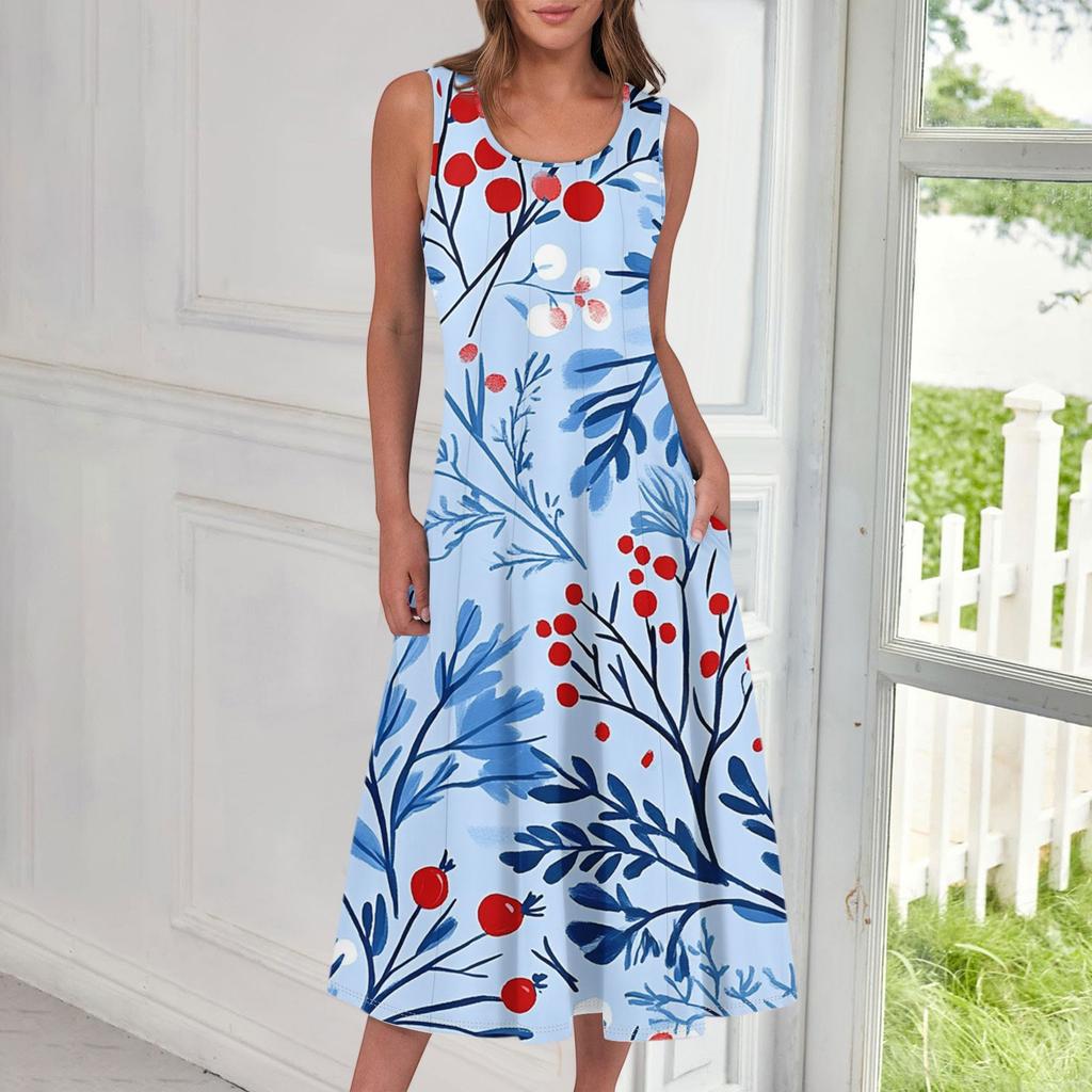Women's Casual Fashion Floral Print Round Neck Sleeveless Midi Dress