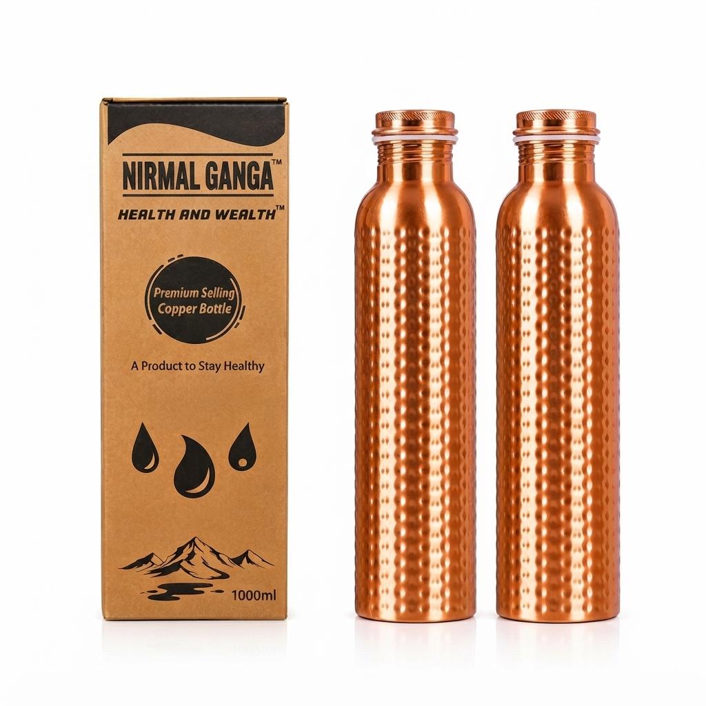 Nirmal Ganga Hammered Copper Bottle 1L (Pack of 2) | Pure Copper Water Bottle | Handcrafted Leakproof Design