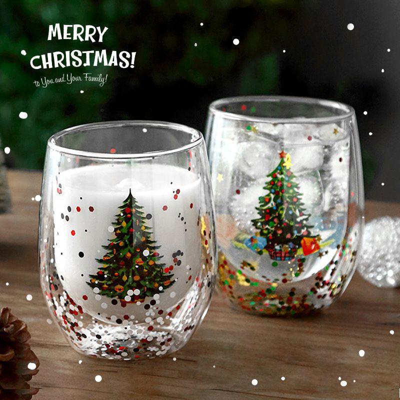 300ml Christmas Glass Cup Double Wall Glass Flowing sequins Christmas tree snowman Heat Resistant Coffee Cup Milk Juice Mug Gift