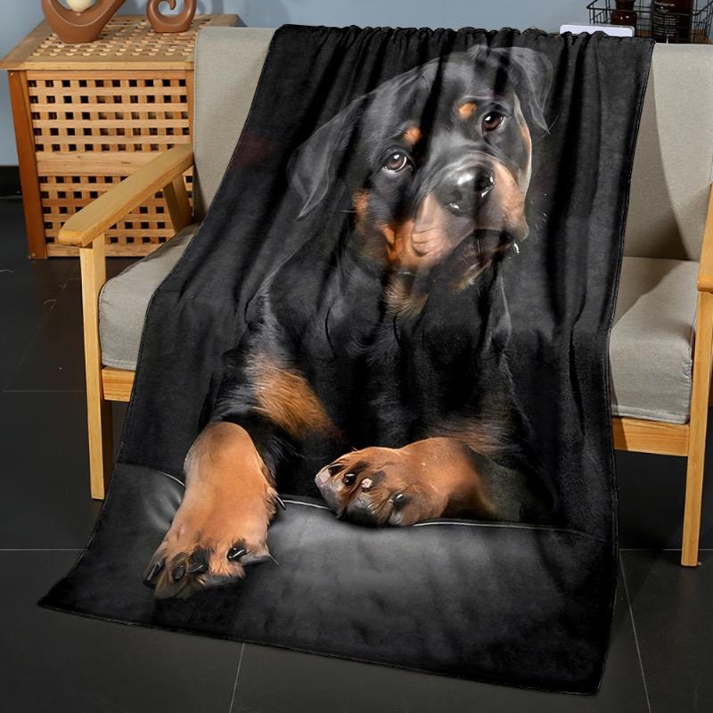 Contemporary Digital Print Flannel Throw Blanket – Soft Non-Woven No Pilling All-Season Cartoon Rottweiler Dog Pattern
