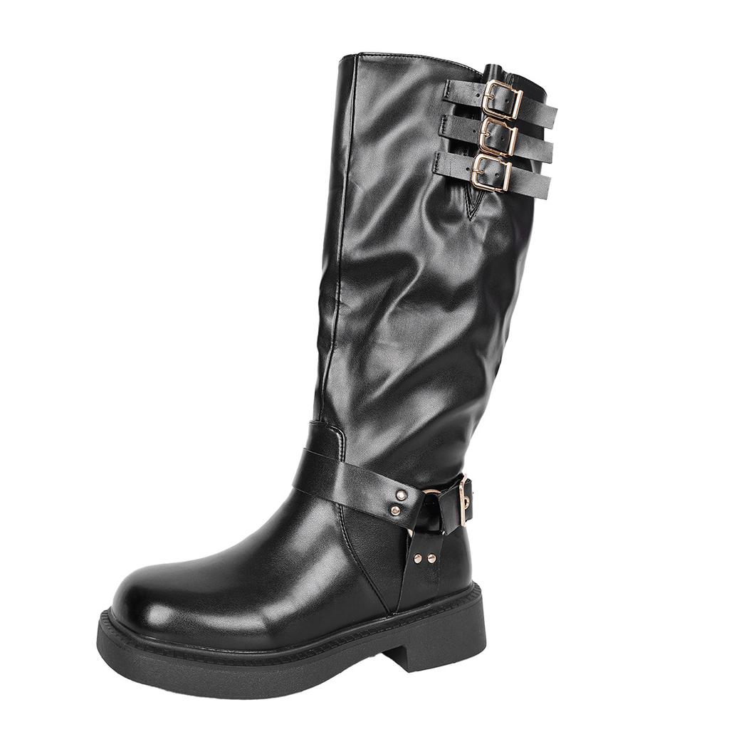 Moda Vintage Duży Rozmiar 36-42 Klamra Paska Kozaki Rycerskie Kobiety 2025 Jesień Nowe Okrągły Nosek Brytyjski Styl Botas Largas Mujer Czarny PU