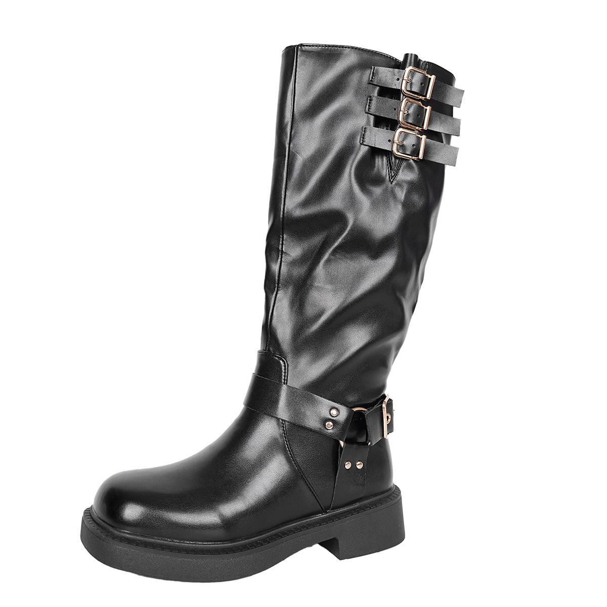 

Fashion Vintage Large Size 36-42 Belt Buckle Knight Boots Women 2025 Autumn New Round Head British Style Botas Largas Mujer Black PU 42 чёрный