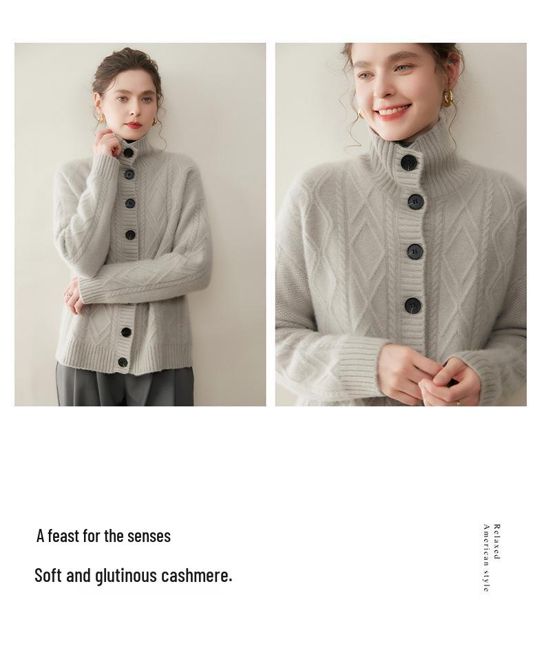 Cashmere High Neck Loose Knit Cardigan with Pockets - Women's Autumn/Winter Fashion Outerwear