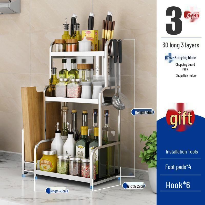 Stainless Steel Multi-layer Kitchen Rack: Spice, Knife Holder & Storage