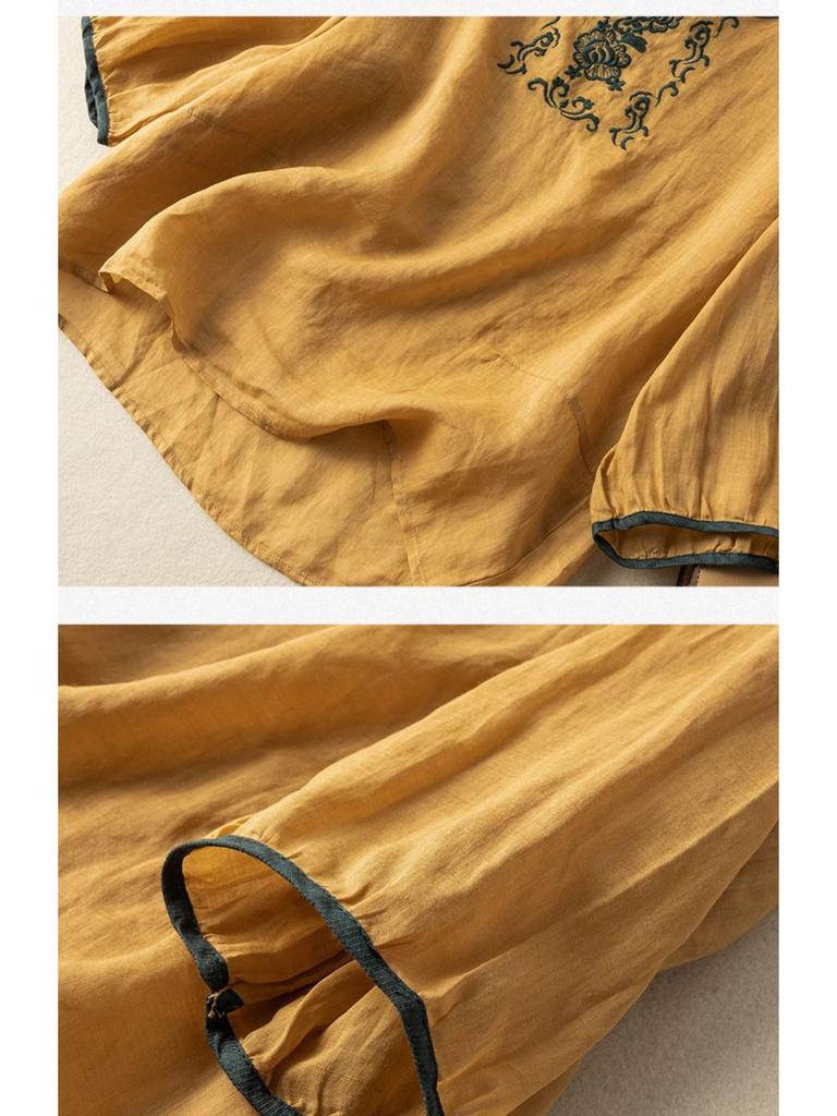 2024 Summer Retro Embroidered Cotton-Linen Colorblock Chinese Style Pullover Shirt
