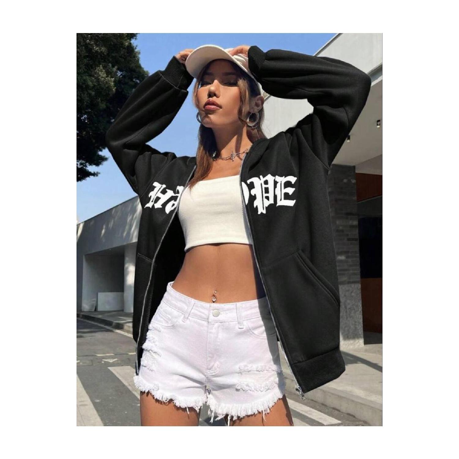 

Женский кардиган оверсайз с капюшоном и молнией с принтом Hope S чёрный