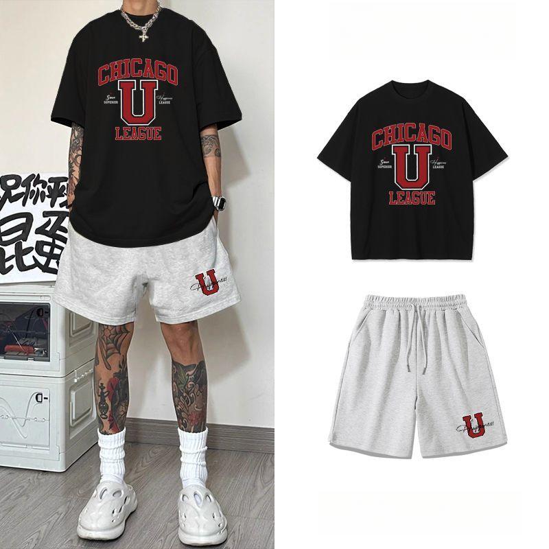 

2025 Summer American West Coast Hot Sports Leisure Basketball Suit Heavy Cotton Printed Short Sleeve Shorts Men s Suit XXXXL