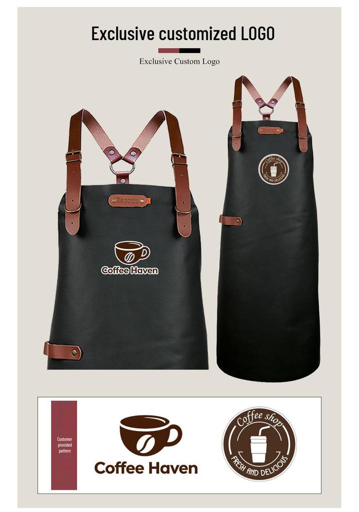 Waterproof PU Leather Hanging Neck Apron - Oil-Proof BBQ & Barista Style