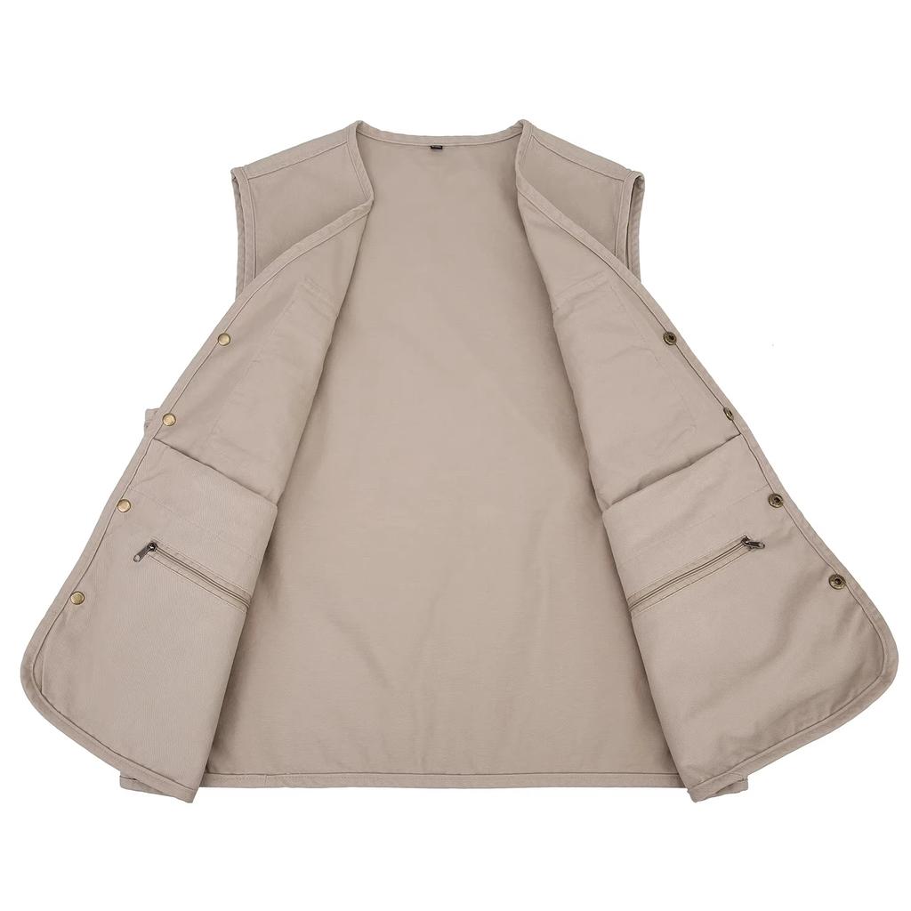 Herren Ärmellose Jacke 100% Baumwolle Weste für Männer Mehrfachtaschen Westen Outdoor Angeln Fotografie Pferdeclip Freizeitkleidung