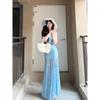 Seaside Vacation Wind Blue Lace Splicing Floral Suspender Dress Gentle Temperament Waist Hip Fish Tail Skirt Summer