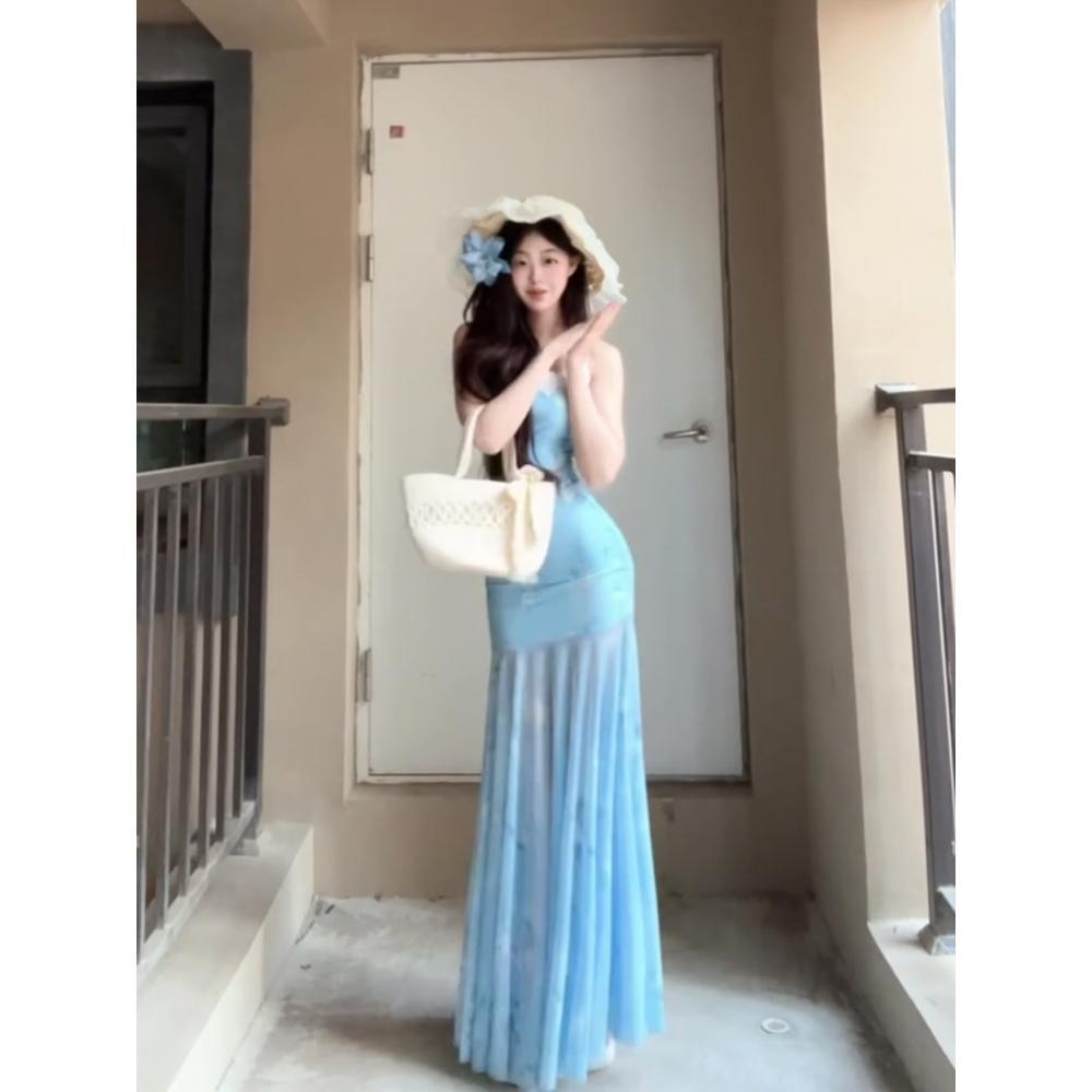 Seaside Vacation Wind Blue Lace Splicing Floral Suspender Dress Gentle Temperament Waist Hip Fish Tail Skirt Summer