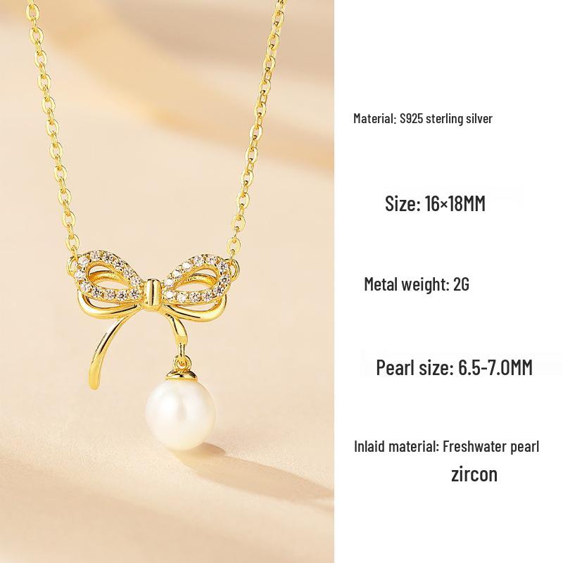 Lively Bow Freshwater Pearl Necklace S925 Sterling Silver Korean Style, Elegant Collarbone Chain 925 Silver