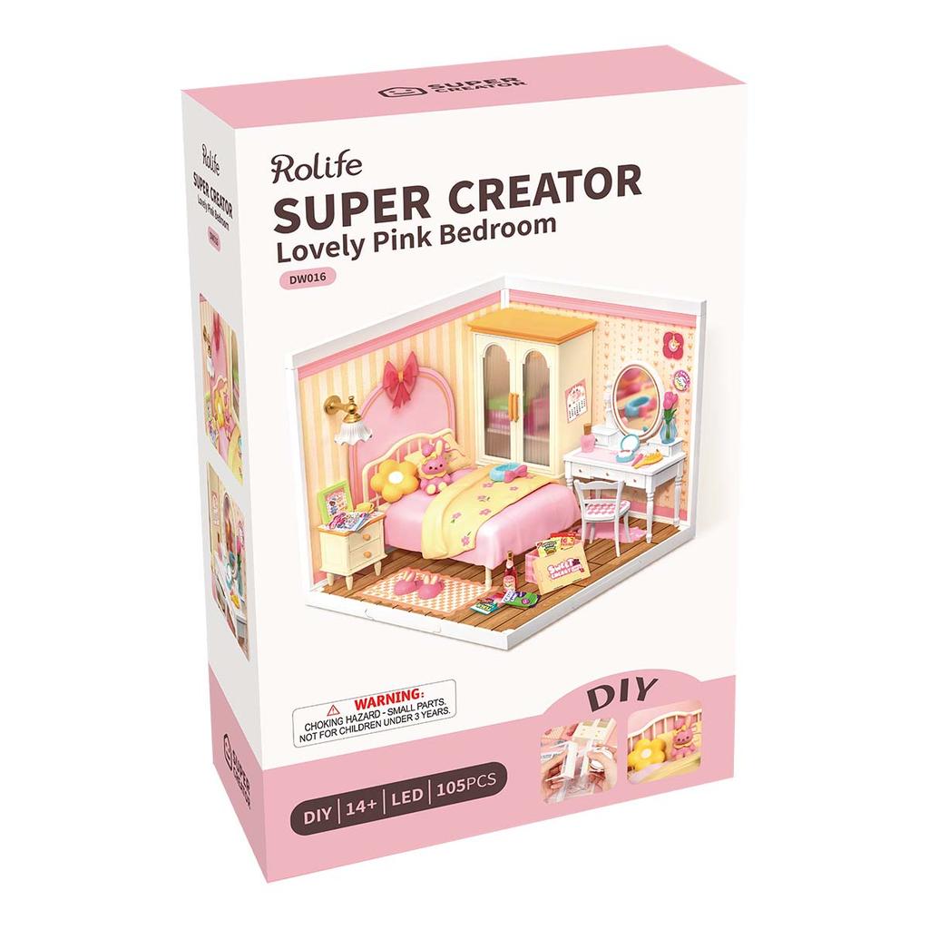 ROBOTIME Rolife 3D Puzzle Super Creator Lovely Pink Bedroom DIY Miniature House (DW016) | 1:24 Scale