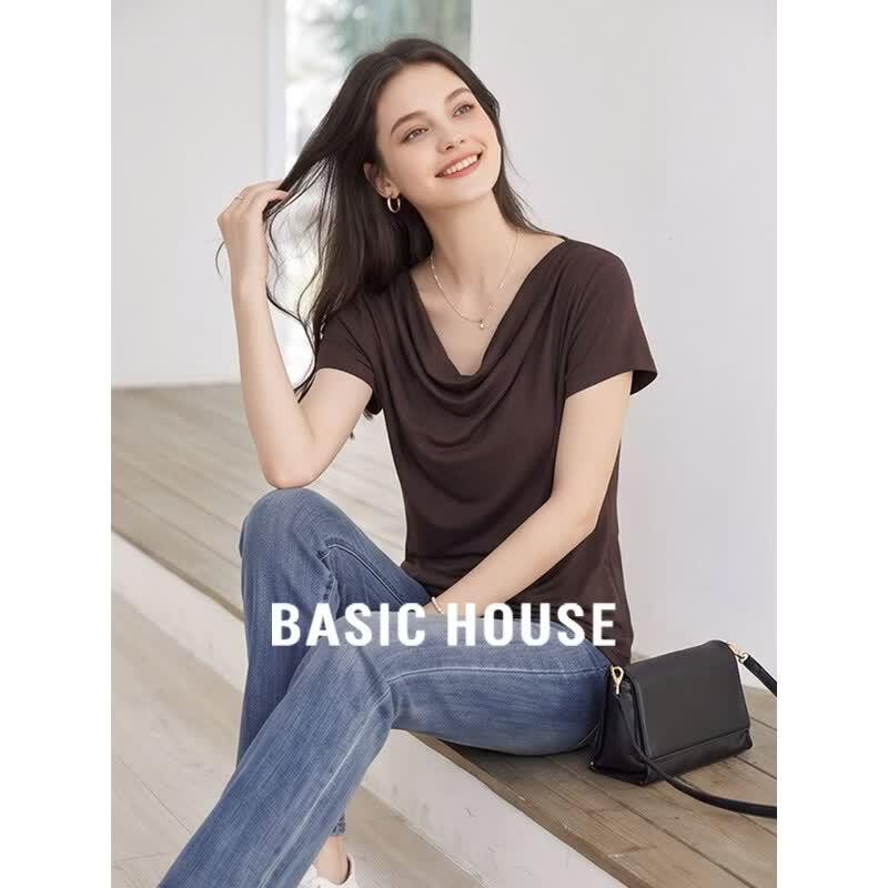 Basic House French Drape Neck Pleated Short Sleeve T-Shirt XL