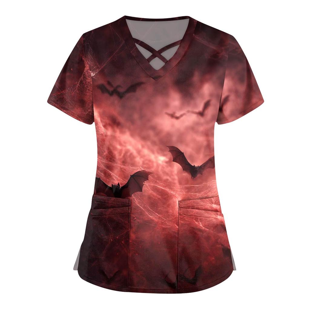 Women's Fashion  V-Neck Short Sleeve Overalls Double Pocket Halloween Printed Tops  Apparel